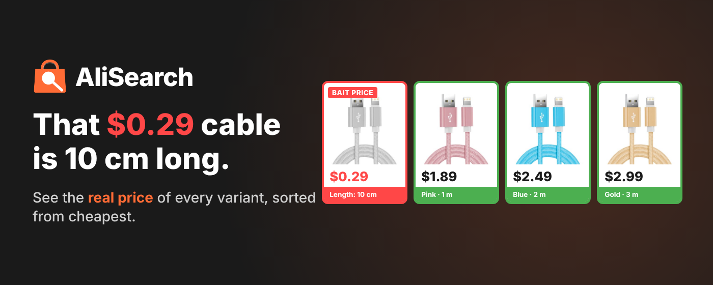 A $0.29 cable variant that is only 10 cm long, next to the real variants at $1.89, $2.49 and $2.99